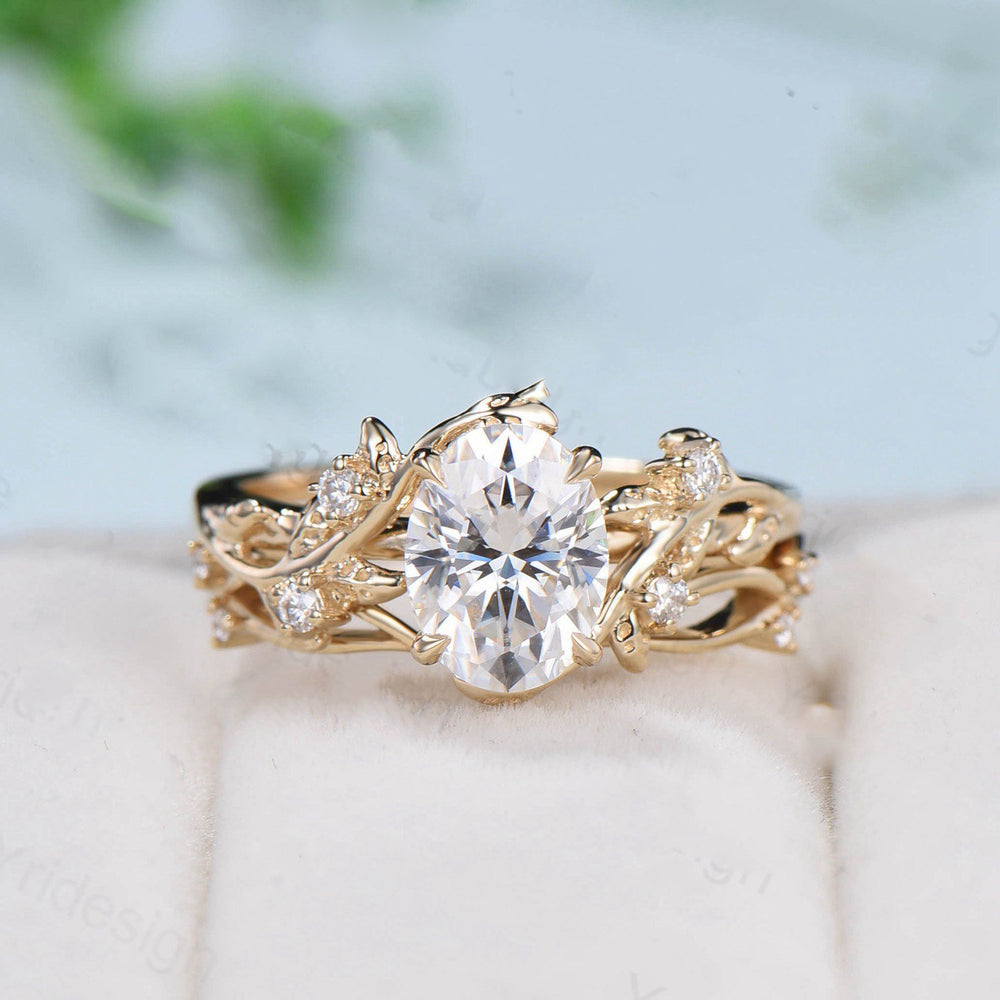 Nature Inspired Leaf oval moissanite wedding ring set cluster branch leaf engagement ring women vintage unique Christmas gift yellow gold - PENFINE