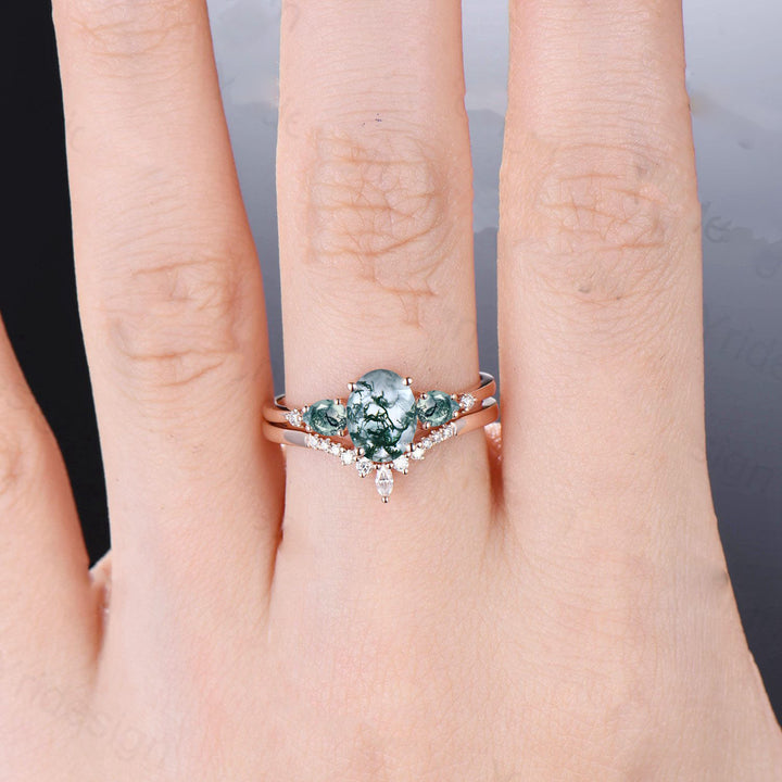 1.5Ct Oval Natural Moss Agate Engagement Ring Set Five Stone Pear Aquatic Agate Wedding Set Women Crown Moissanite Stacking Band Unique Gift - PENFINE