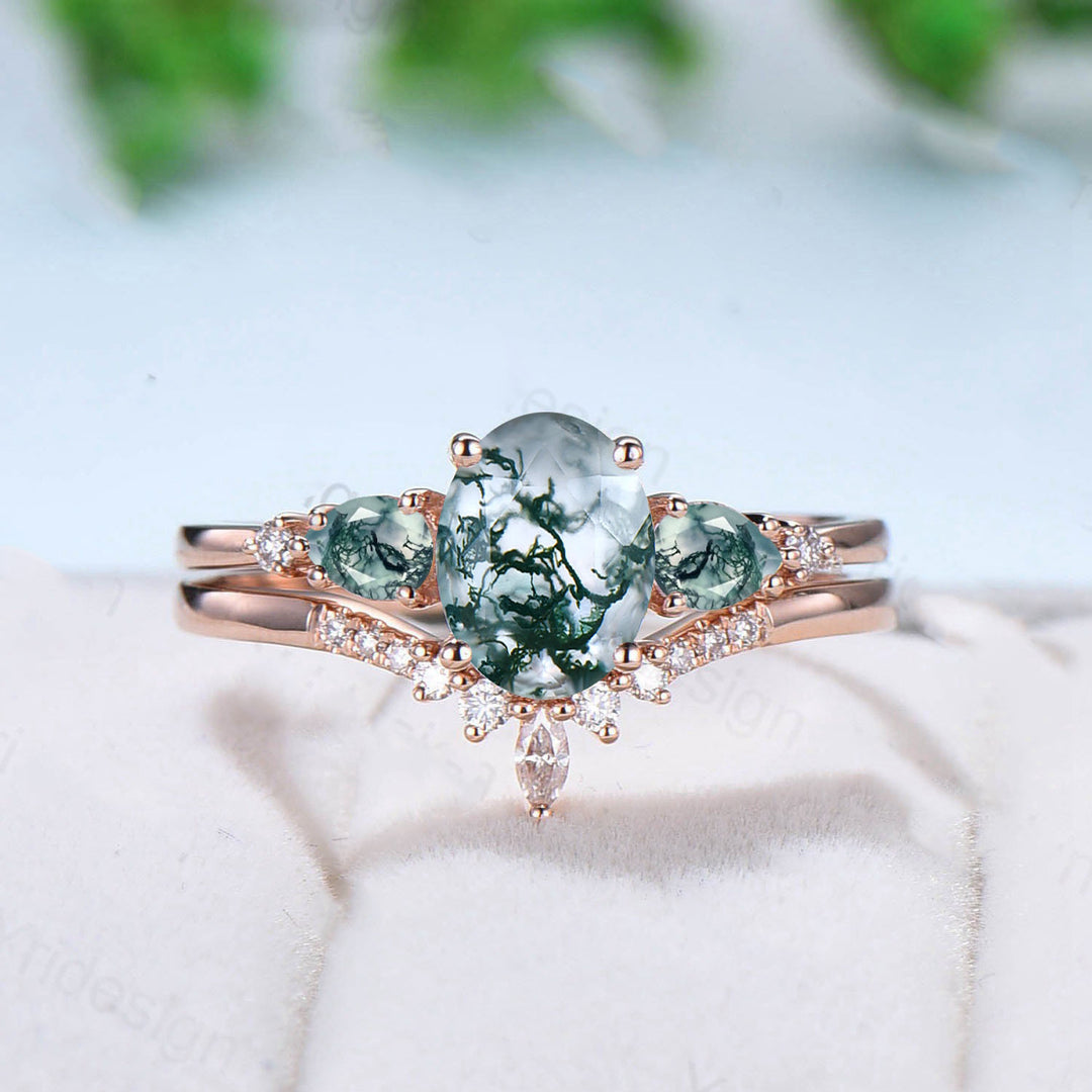 1.5Ct Oval Natural Moss Agate Engagement Ring Set Five Stone Pear Aquatic Agate Wedding Set Women Crown Moissanite Stacking Band Unique Gift - PENFINE