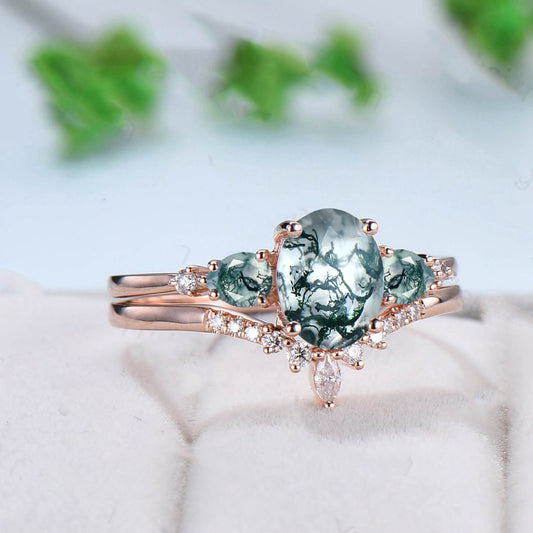 1.5Ct Oval Natural Moss Agate Engagement Ring Set Five Stone Pear Aquatic Agate Wedding Set Women Crown Moissanite Stacking Band Unique Gift - PENFINE