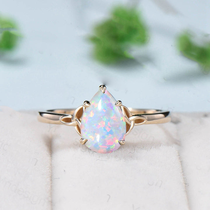 Vintage white opal ring Nose Viking fire opal engagement ring set healing gemstone wedding ring set Unique Celtic Love Knot promise ring - PENFINE