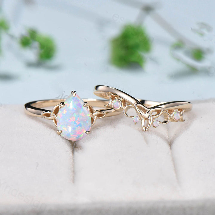 Vintage white opal ring Nose Viking fire opal engagement ring set healing gemstone wedding ring set Unique Celtic Love Knot promise ring - PENFINE