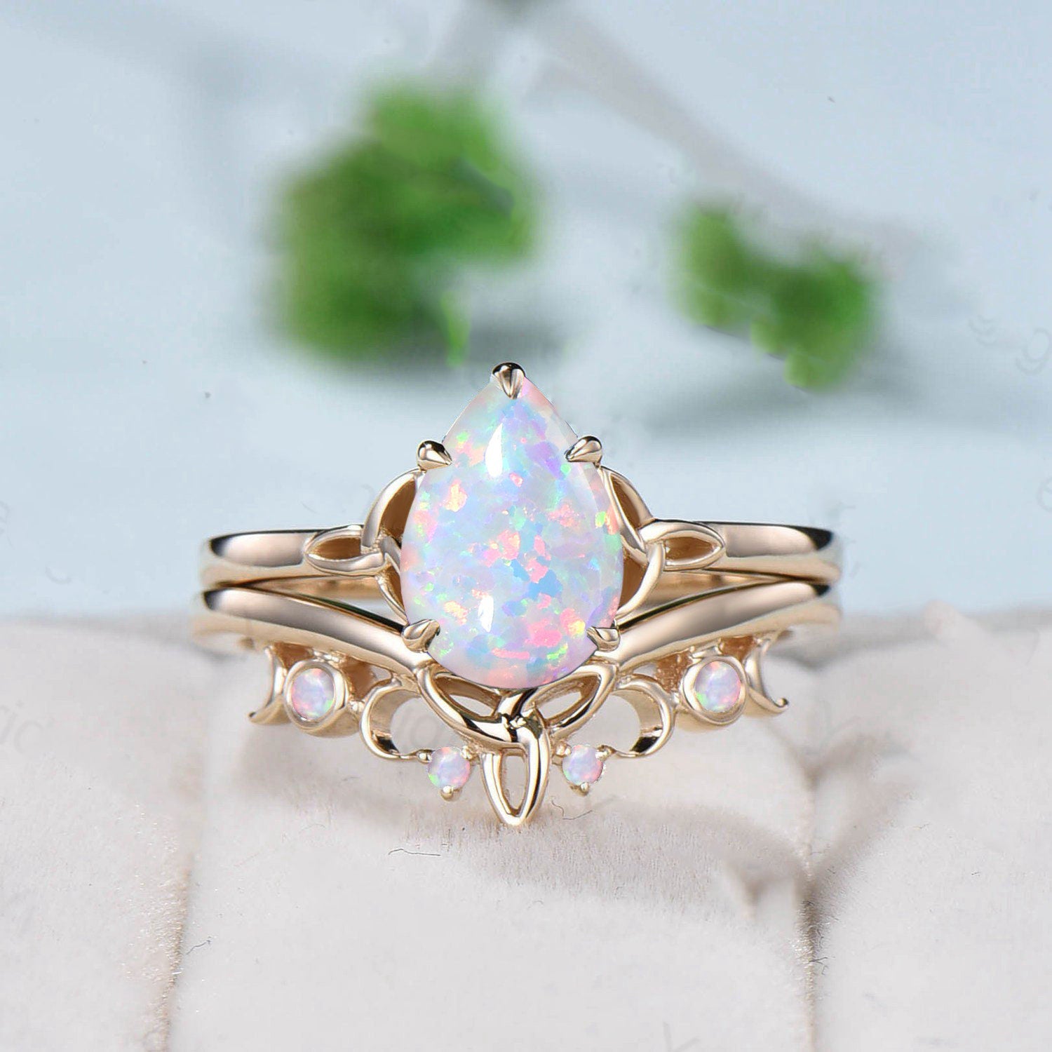Vintage white opal ring Nose Viking fire opal engagement ring set healing gemstone wedding ring set Unique Celtic Love Knot promise ring - PENFINE