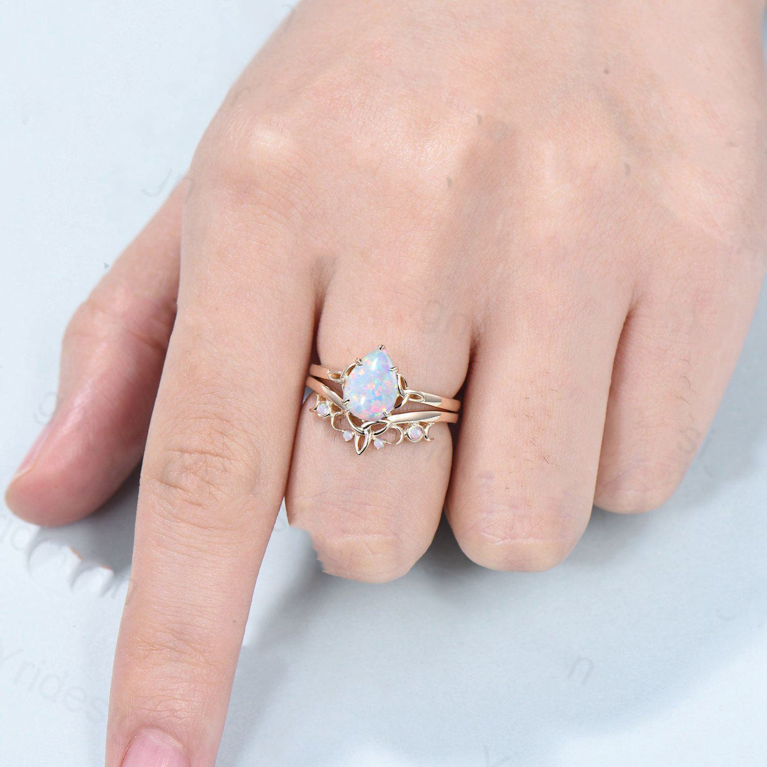 Vintage white opal ring Nose Viking fire opal engagement ring set healing gemstone wedding ring set Unique Celtic Love Knot promise ring - PENFINE