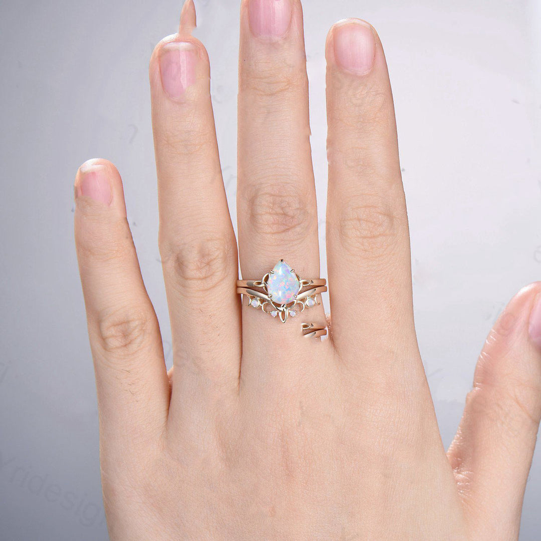 Vintage white opal ring Nose Viking fire opal engagement ring set healing gemstone wedding ring set Unique Celtic Love Knot promise ring - PENFINE