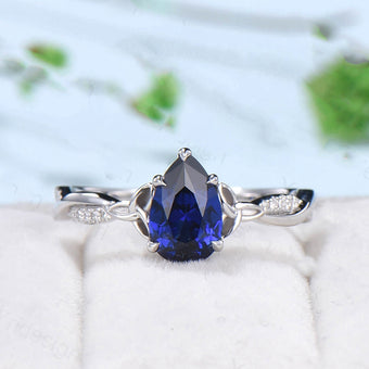 Vintage Sapphire Ring Bridal Set Norse Viking 6x9mm pear shaped sapphire engagement ring set Unique twisted infinity wedding set for women - PENFINE