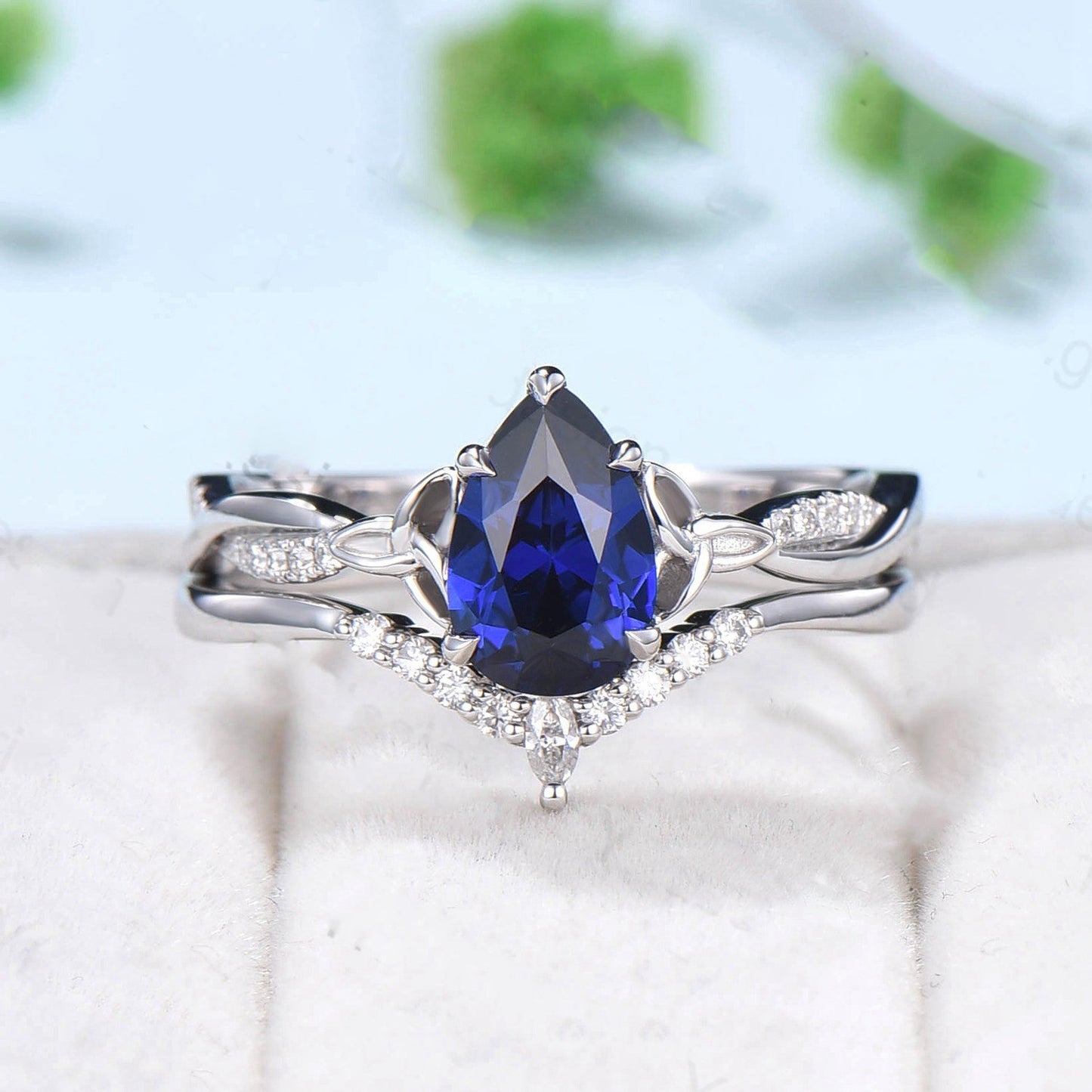 Vintage Sapphire Ring Bridal Set Norse Viking 6x9mm pear shaped sapphire engagement ring set Unique twisted infinity wedding set for women - PENFINE