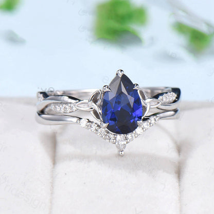 Vintage Sapphire Ring Bridal Set Norse Viking 6x9mm pear shaped sapphire engagement ring set Unique twisted infinity wedding set for women - PENFINE