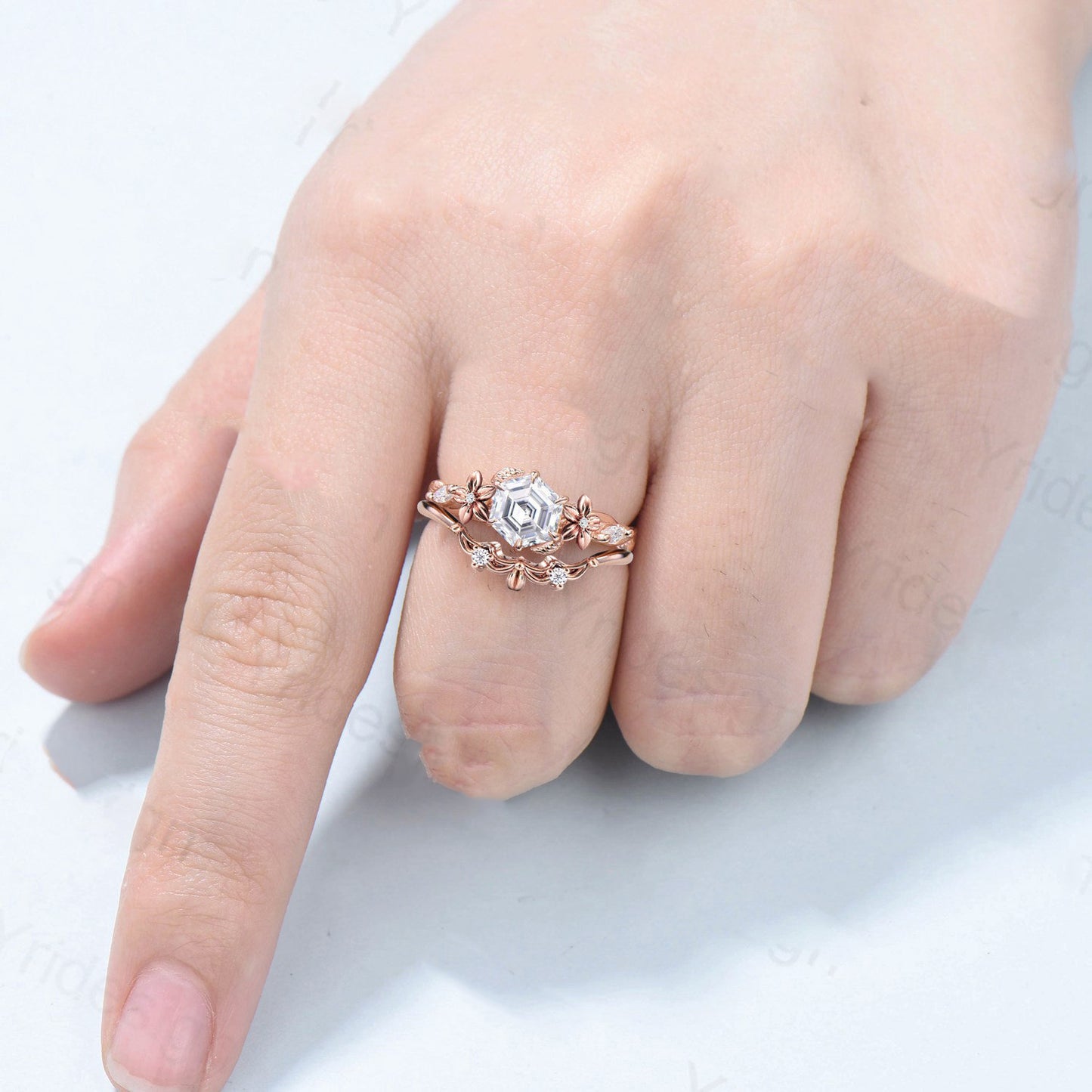 Flower moissanite engagement ring set Nature Inspired hexagon moissanite wedding ring for women vintage cluster leaf bridal ring set gift - PENFINE