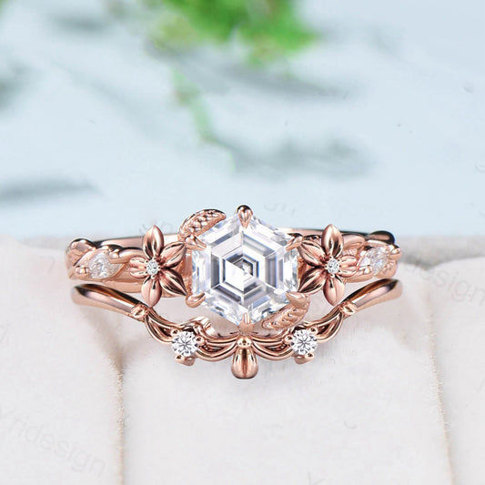 Flower moissanite engagement ring set Nature Inspired hexagon moissanite wedding ring for women vintage cluster leaf bridal ring set gift - PENFINE