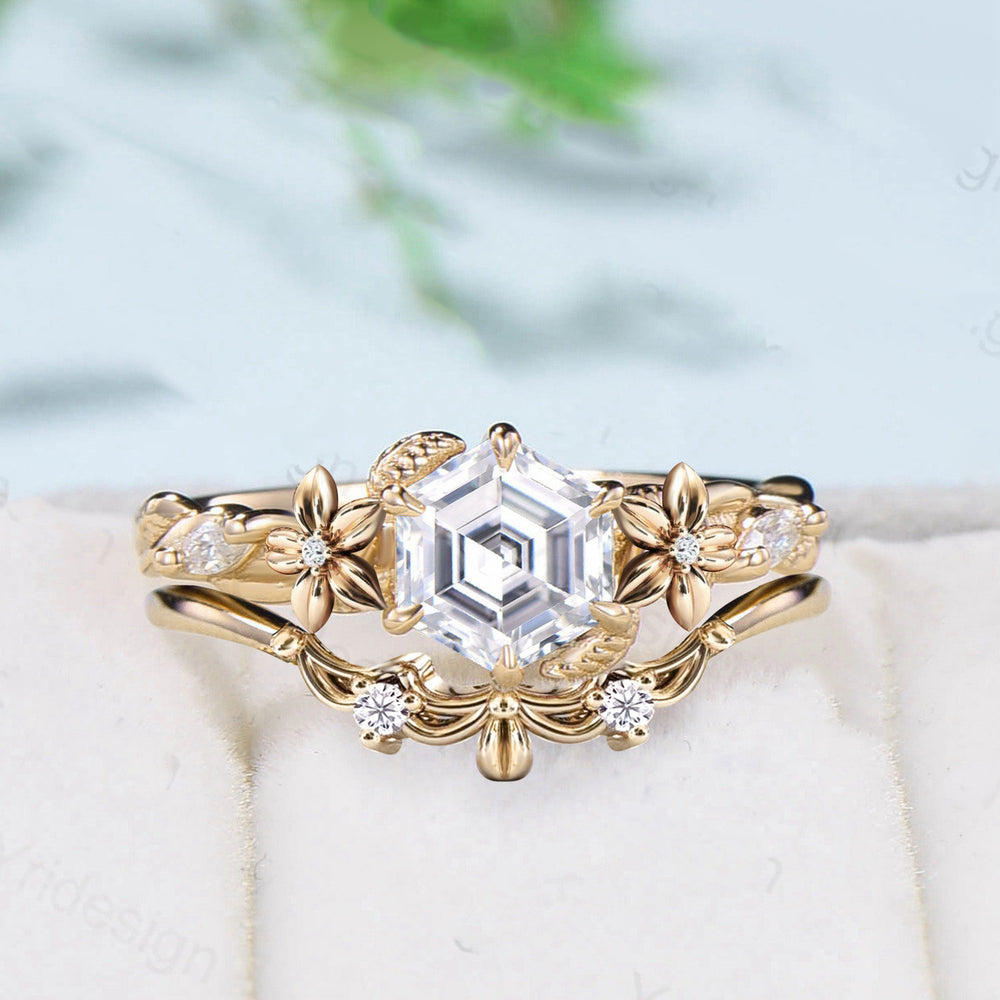 Flower moissanite engagement ring set Nature Inspired hexagon moissanite wedding ring for women vintage cluster leaf bridal ring set gift - PENFINE