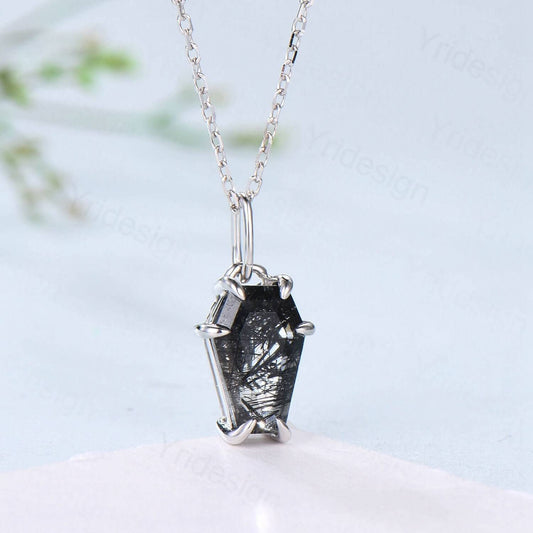 Coffin natural Minimalist Coffin Shaped Black Rutilated Quartz necklace solid 14k 18k rose gold vintage unique Personalized pendant women - PENFINE