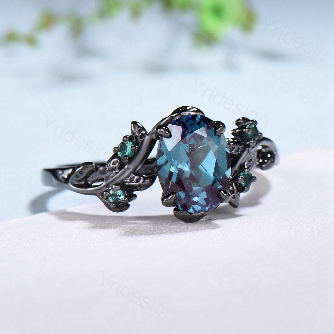 Nature Inspired alexandrite engagement ring Unique Black gold color changing twig engagement ring cluster emerald wedding ring for women - PENFINE