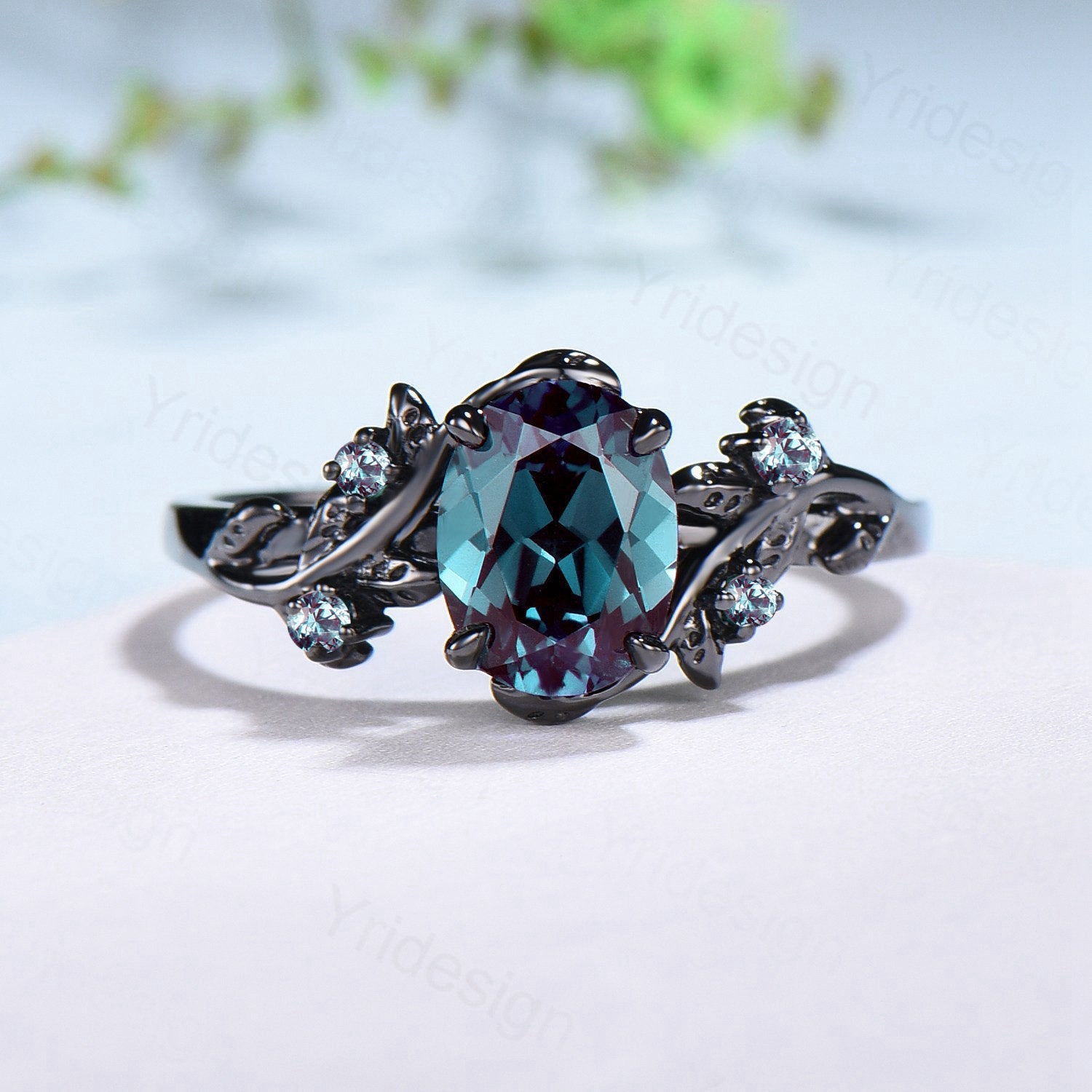 Nature Inspired alexandrite engagement ring Unique Black gold color ch ...