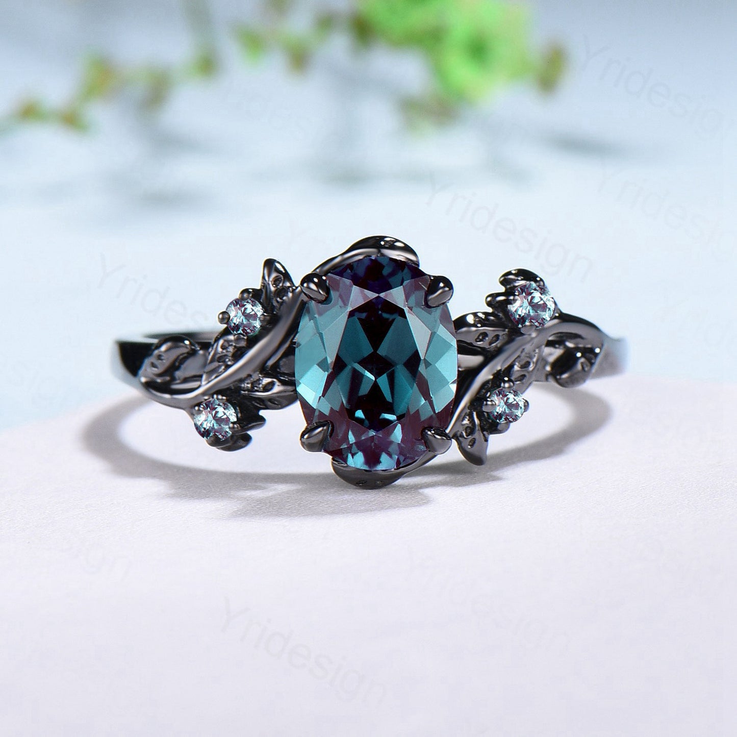 Nature Inspired alexandrite engagement ring Unique Black gold color changing twig engagement ring cluster emerald wedding ring for women - PENFINE