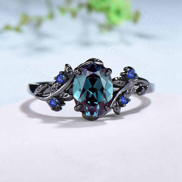 Nature Inspired alexandrite engagement ring Unique Black gold color changing twig engagement ring cluster emerald wedding ring for women - PENFINE