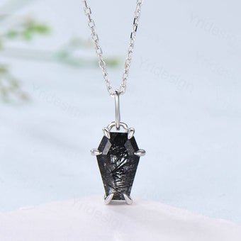 Coffin natural Minimalist Coffin Shaped Black Rutilated Quartz necklace solid 14k 18k rose gold vintage unique Personalized pendant women - PENFINE
