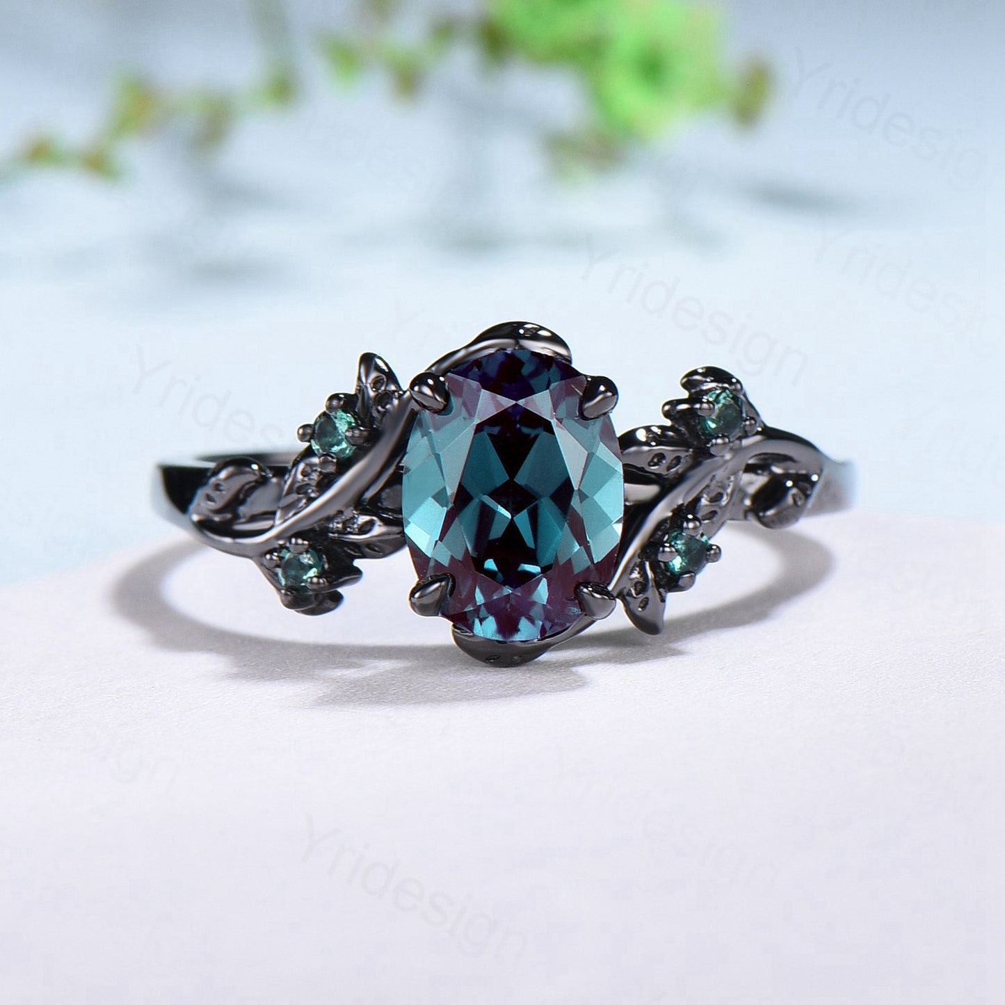Nature Inspired alexandrite engagement ring Unique Black gold color changing twig engagement ring cluster emerald wedding ring for women - PENFINE