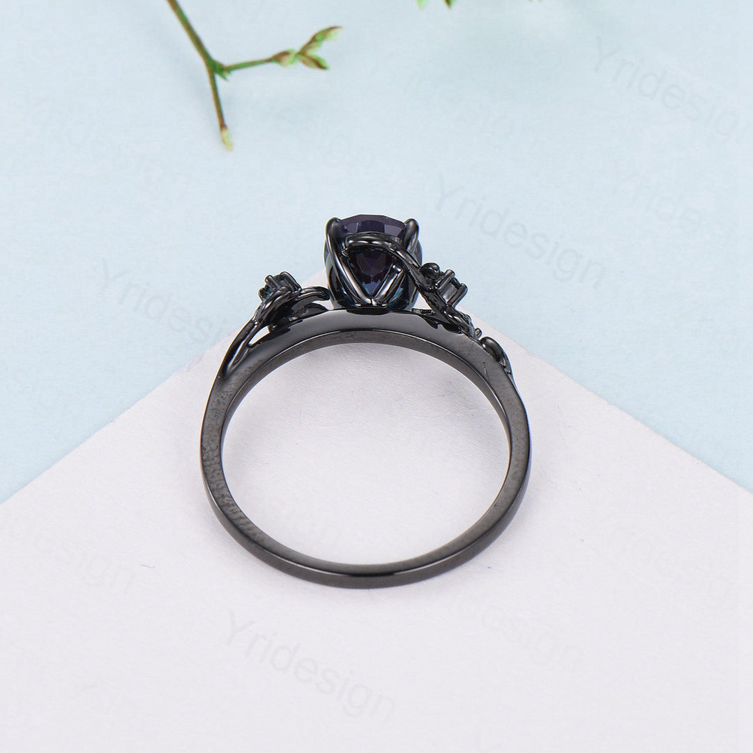 Nature Inspired alexandrite engagement ring Unique Black gold color changing twig engagement ring cluster emerald wedding ring for women - PENFINE