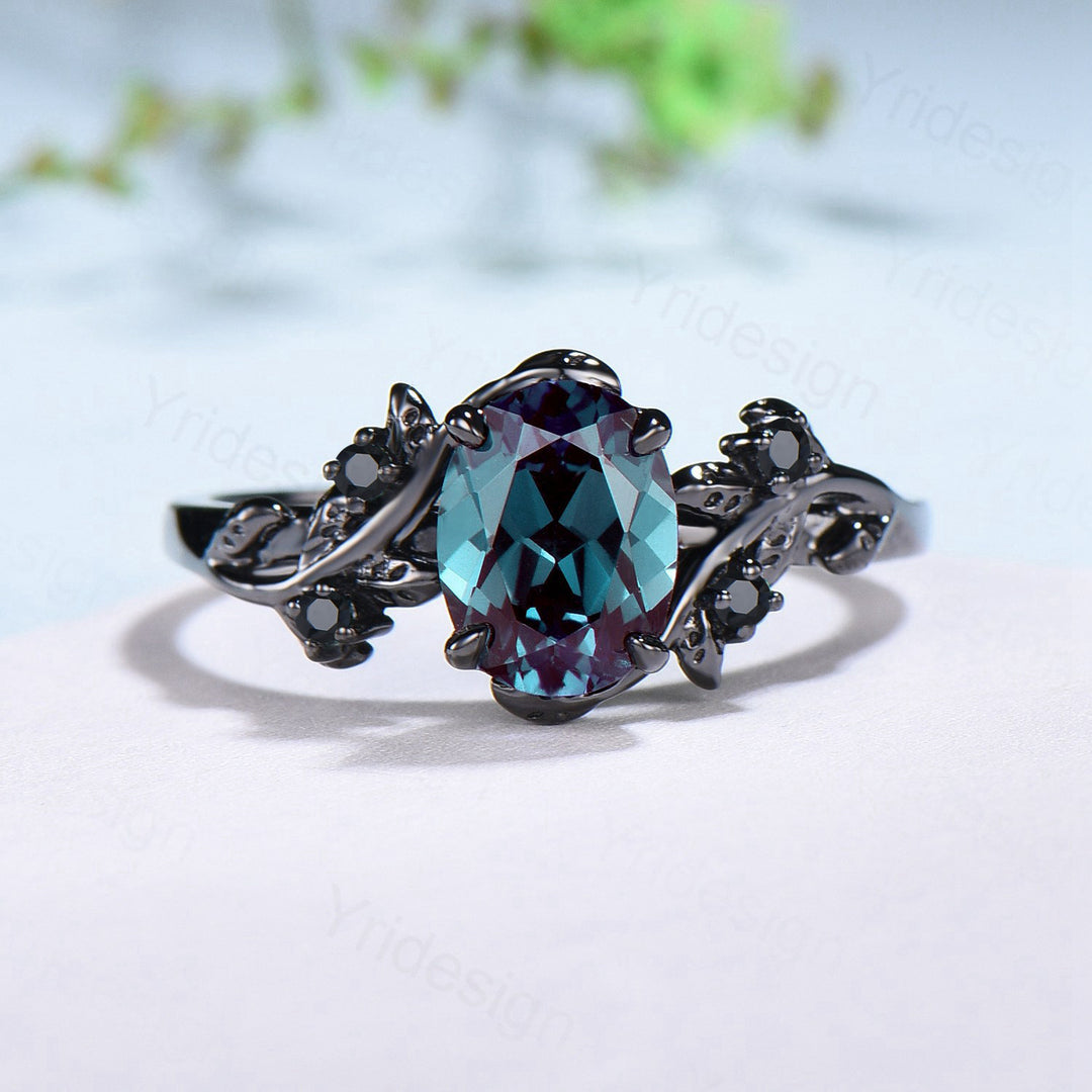 Nature Inspired alexandrite engagement ring Unique Black gold color changing twig engagement ring cluster emerald wedding ring for women - PENFINE