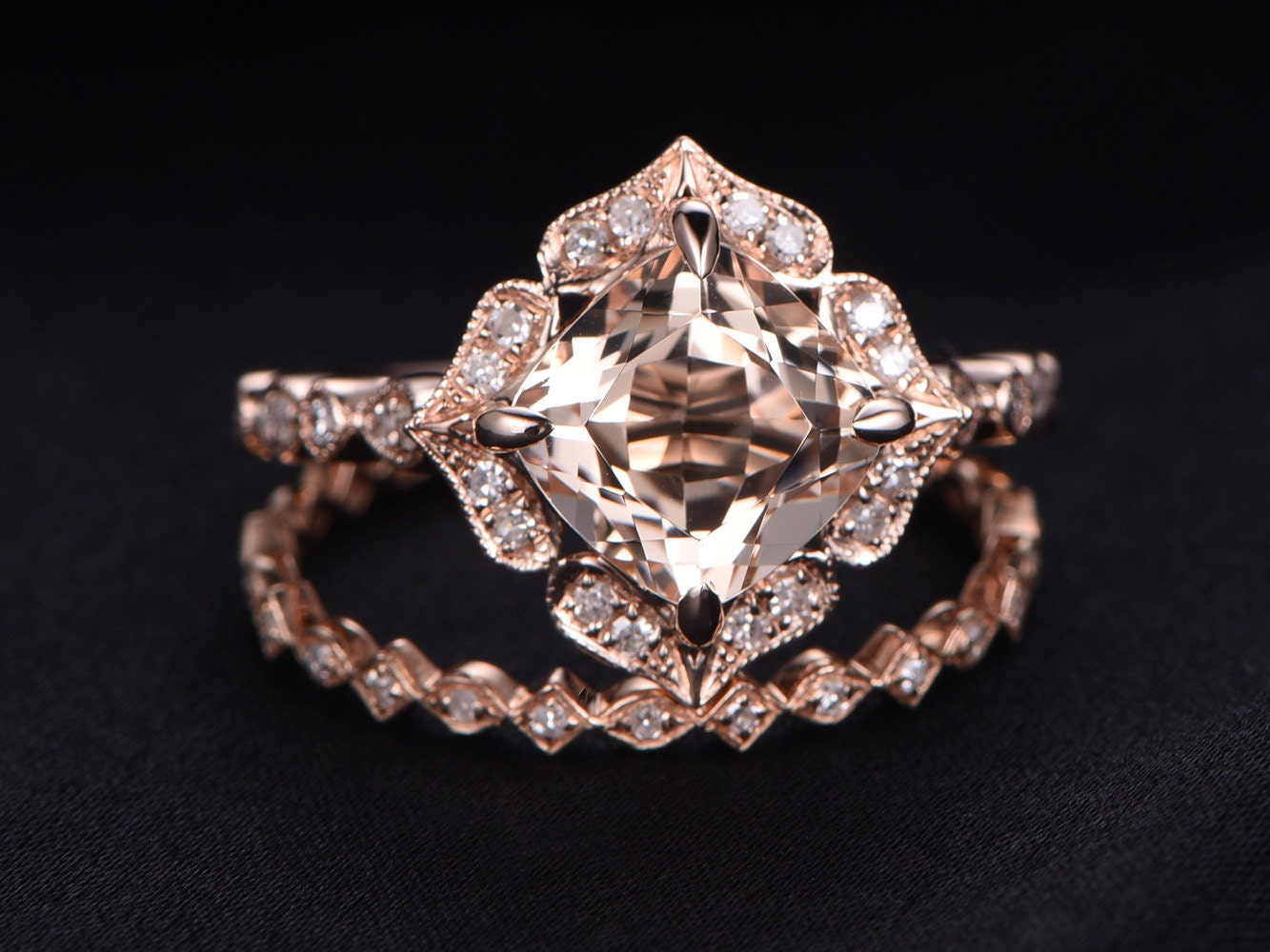 Cushion Morganite Engagement Ring Set, Rose Gold Diamond Wedding Band, Art Deco Bridal Jewelry