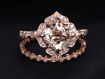 Cushion Morganite Engagement Ring Set, Rose Gold Diamond Wedding Band, Art Deco Bridal Jewelry
