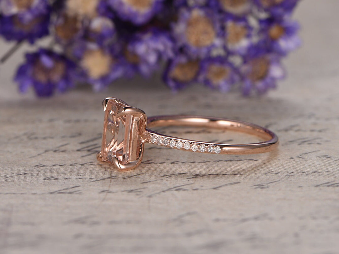 Emerald cut natural morganite engagement ring 14K rose gold morganite diamond bridal ring for women antique promise ring for women - PENFINE