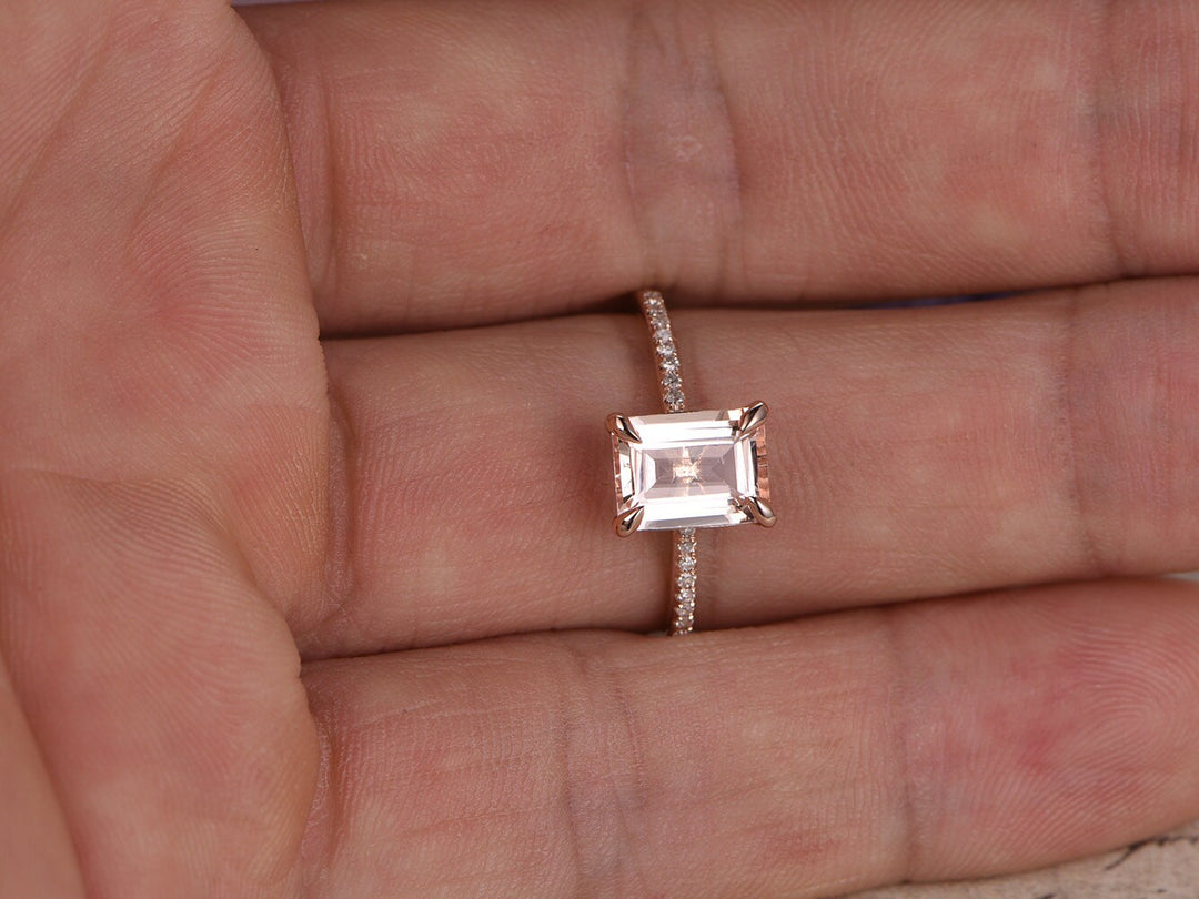 Emerald cut natural morganite engagement ring 14K rose gold morganite diamond bridal ring for women antique promise ring for women - PENFINE