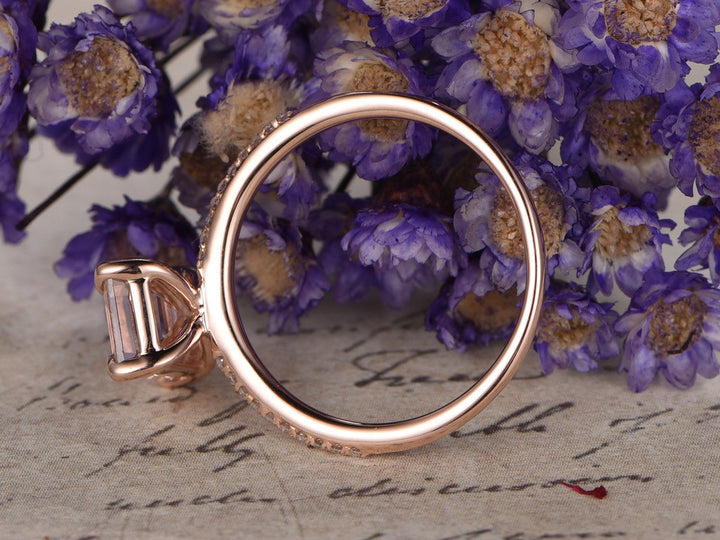 Emerald cut natural morganite engagement ring 14K rose gold morganite diamond bridal ring for women antique promise ring for women - PENFINE