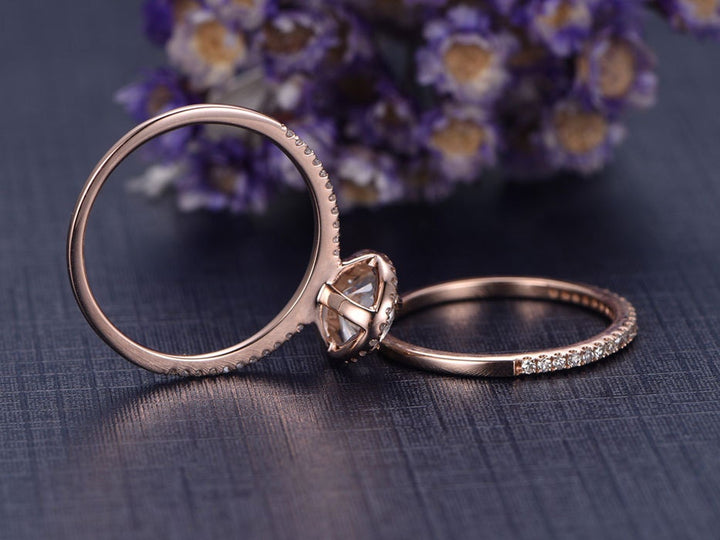 Vintage Art Deco Lab Grown Diamond Ring Set: Oval Halo, 14K Rose Gold - PENFINE