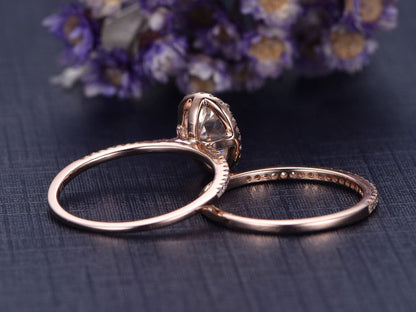 Vintage Art Deco Lab Grown Diamond Ring Set: Oval Halo, 14K Rose Gold - PENFINE