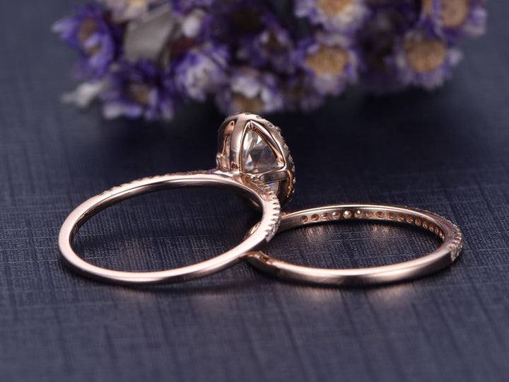 Vintage Art Deco Lab Grown Diamond Ring Set: Oval Halo, 14K Rose Gold - PENFINE