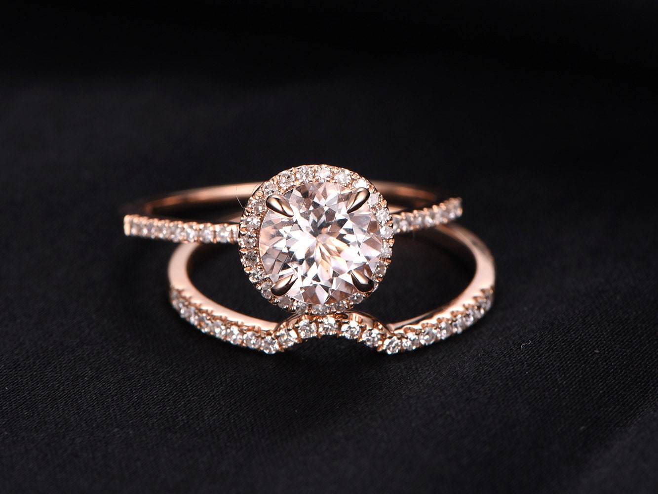 Vintage 14K Rose Gold Morganite Ring Set, Diamond Wedding Band