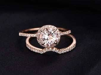 Vintage 14K Rose Gold Morganite Ring Set, Diamond Wedding Band