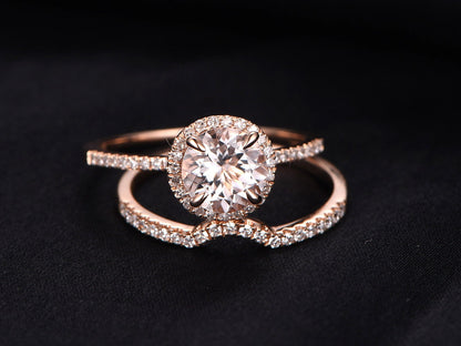Vintage 14K Rose Gold Morganite Ring Set, Diamond Wedding Band