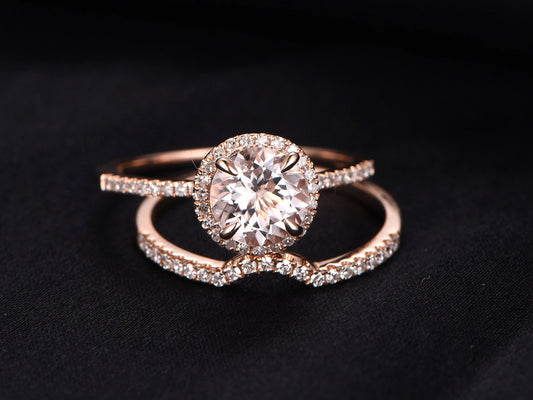 Vintage 14K Rose Gold Morganite Ring Set, Diamond Wedding Band