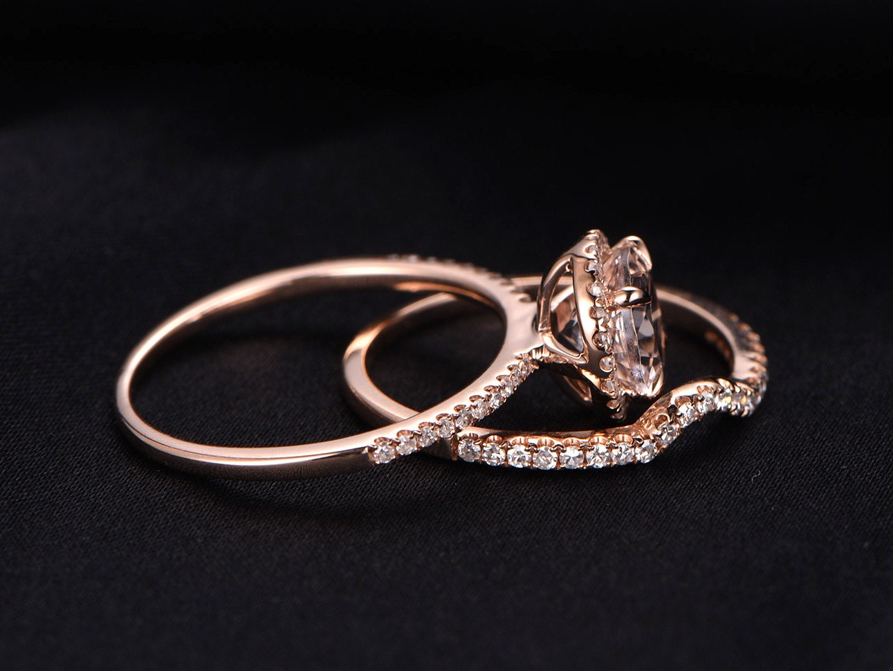 Vintage 14K Rose Gold Morganite Ring Set, Diamond Wedding Band