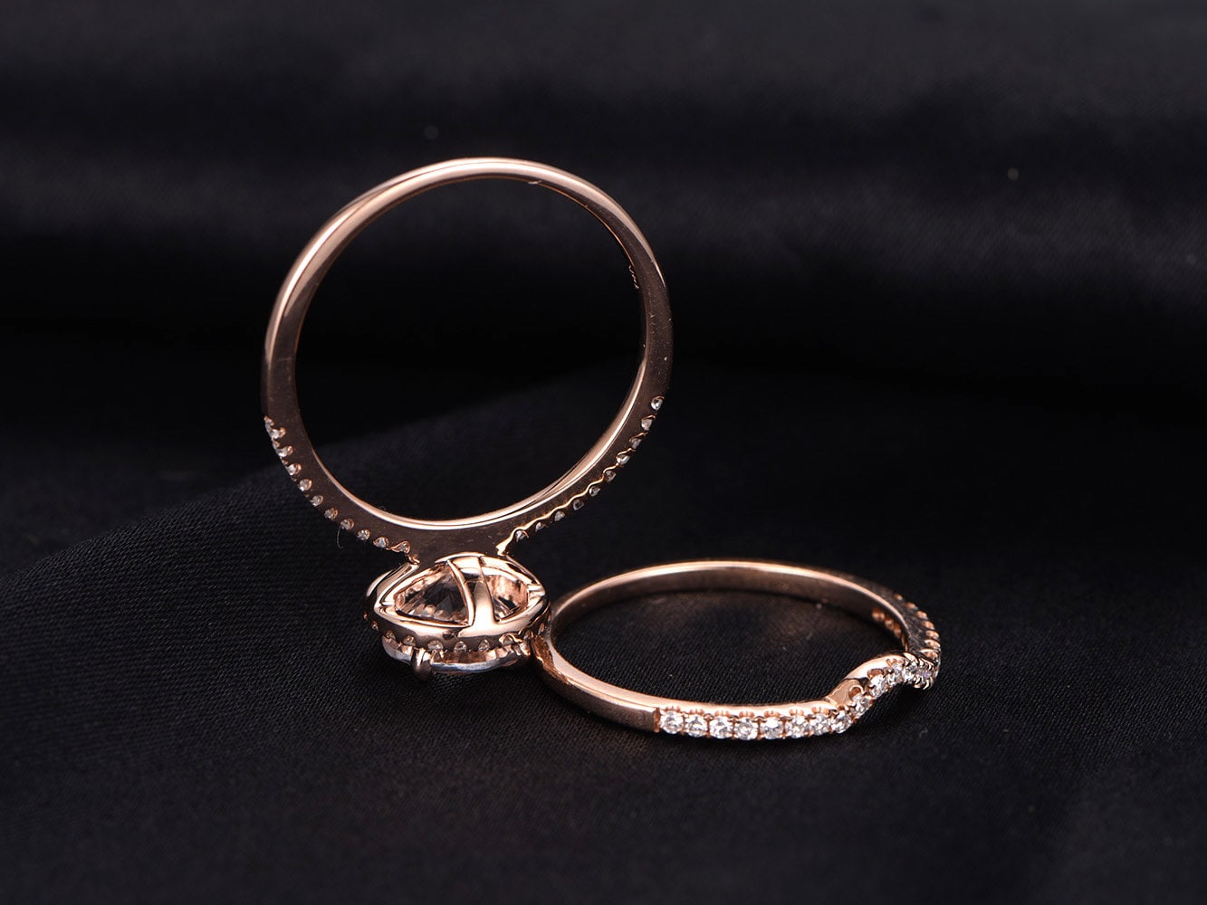 Vintage 14K Rose Gold Morganite Ring Set, Diamond Wedding Band