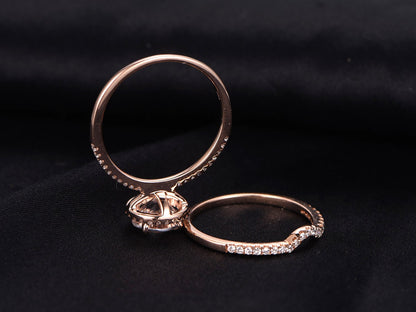 Vintage 14K Rose Gold Morganite Ring Set, Diamond Wedding Band