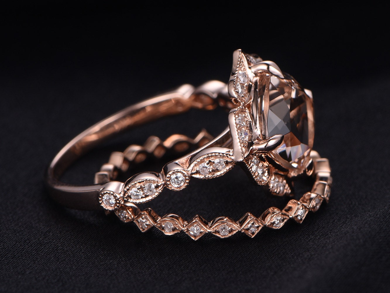Cushion Morganite Engagement Ring Set, Rose Gold Diamond Wedding Band, Art Deco Bridal Jewelry
