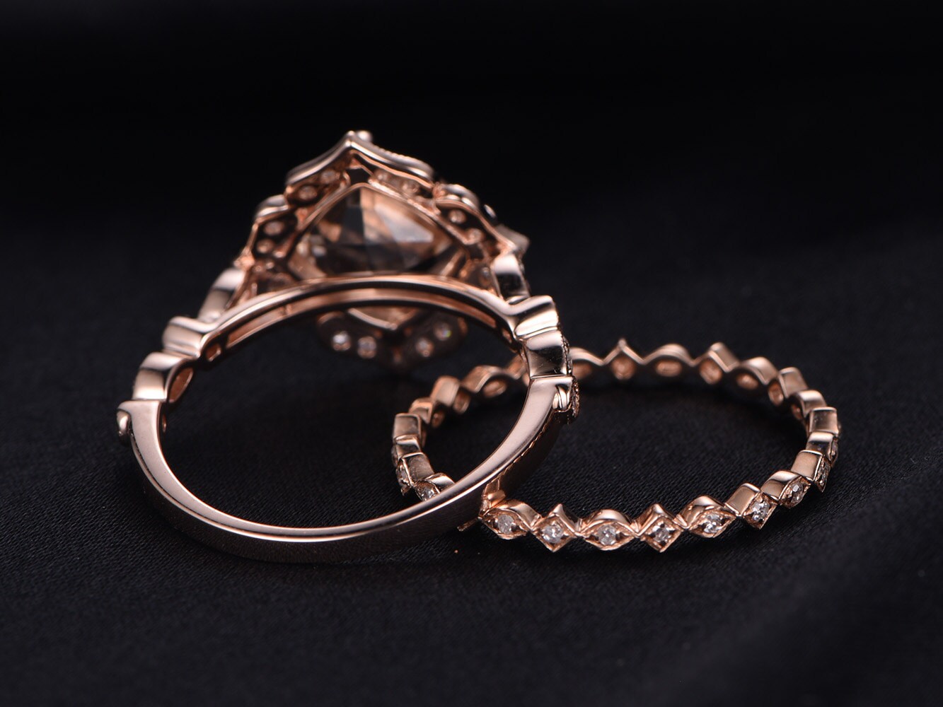 Cushion Morganite Engagement Ring Set, Rose Gold Diamond Wedding Band, Art Deco Bridal Jewelry