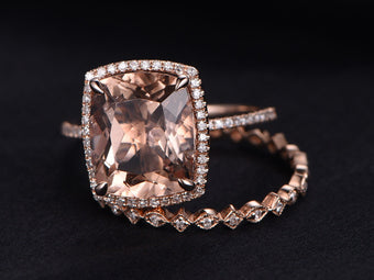 Cushion Cut Morganite Engagement Ring Set, 14K Rose Gold Diamond Bridal Band