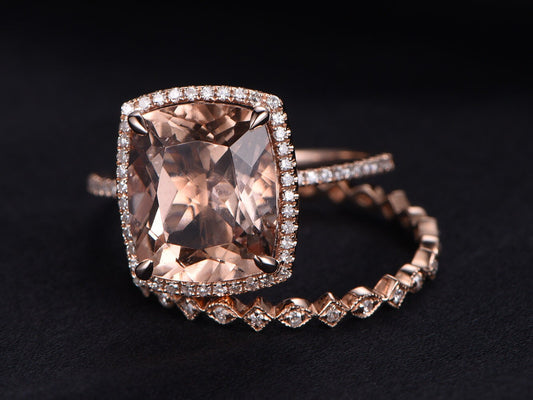 Cushion Cut Morganite Engagement Ring Set, 14K Rose Gold Diamond Bridal Band