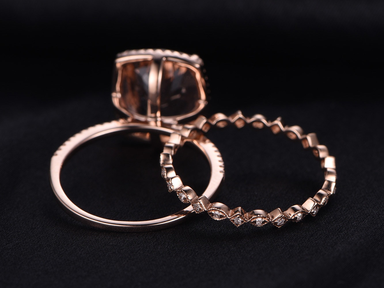 Cushion Cut Morganite Engagement Ring Set, 14K Rose Gold Diamond Bridal Band