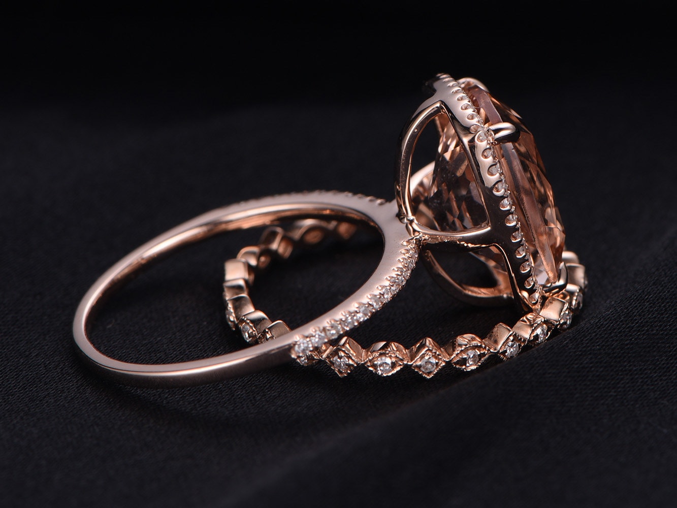 Cushion Cut Morganite Engagement Ring Set, 14K Rose Gold Diamond Bridal Band
