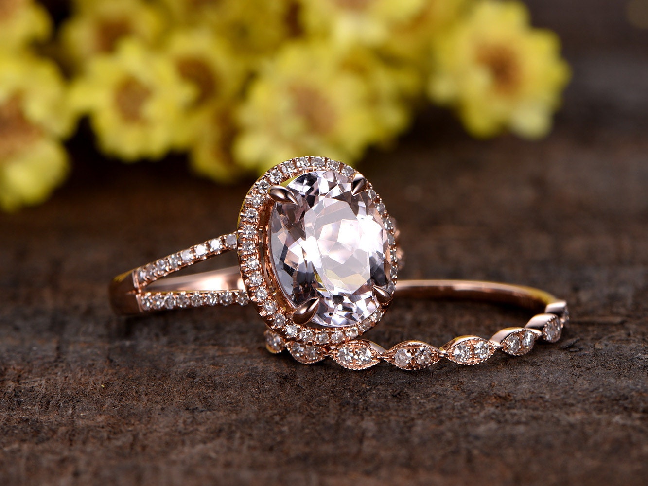 Split Shank Oval Morganite Engagement Ring Set, Marquise Diamond Band, 14k Rose Gold