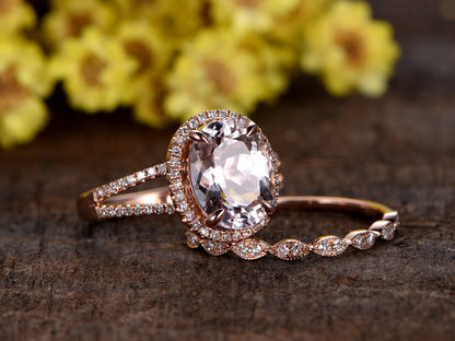 Split Shank Oval Morganite Engagement Ring Set, Marquise Diamond Band, 14k Rose Gold