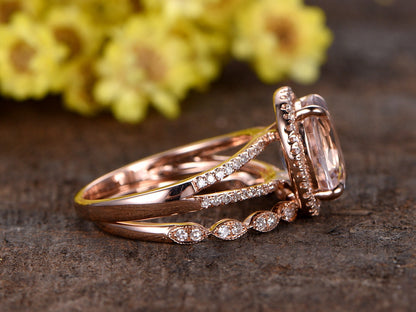Split Shank Oval Morganite Engagement Ring Set, Marquise Diamond Band, 14k Rose Gold