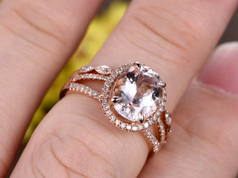 Split Shank Oval Morganite Engagement Ring Set, Marquise Diamond Band, 14k Rose Gold