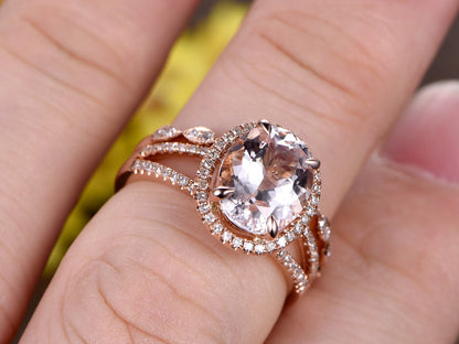 Split Shank Oval Morganite Engagement Ring Set, Marquise Diamond Band, 14k Rose Gold
